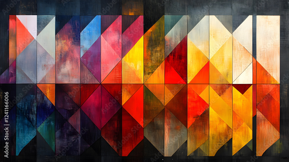 Poster a vibrant, abstract composition featuring colorful geometric shapes arranged in a striking pattern