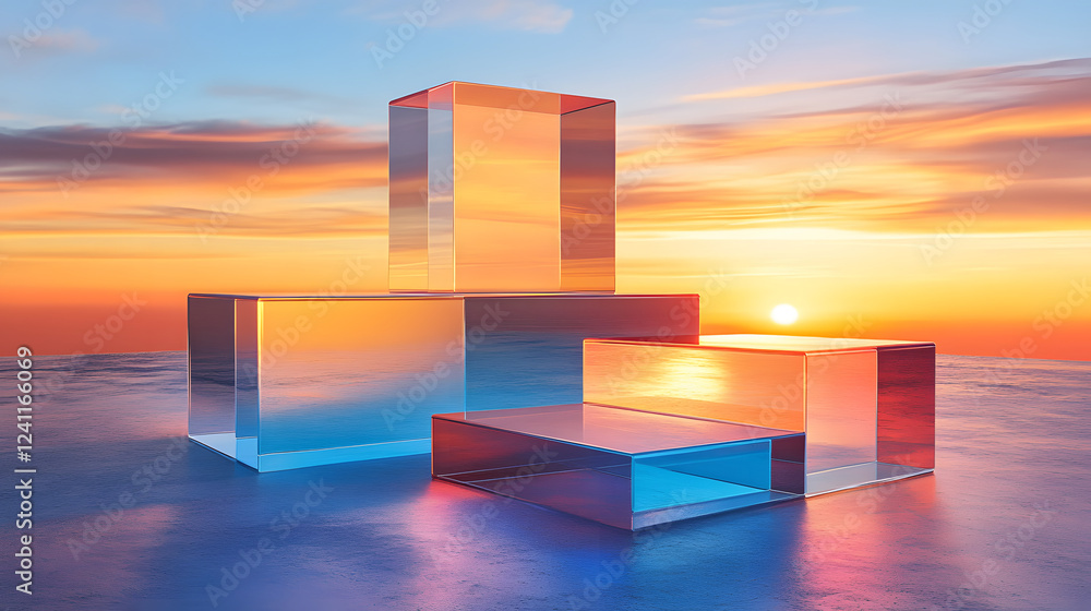 Poster a vibrant sunset reflects off transparent geometric shapes, creating a mesmerizing interplay of colo