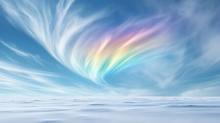 Pastel rainbow aurora borealis over snowy landscape, winter wonderland, serene nature scene, perfect for peaceful backgrounds