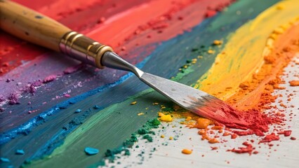 Vibrant Rainbow Paint Palette with Metal Palette Knife Close up
