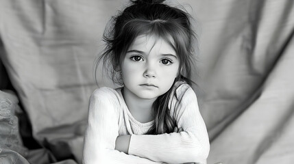 Pensive girl portrait, indoor studio, fabric backdrop, childhood emotion