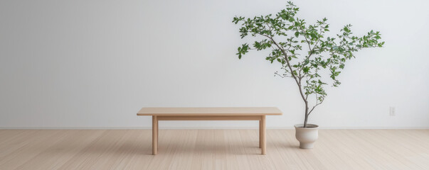 Minimalist interior with wooden table and potted plant in bright space
