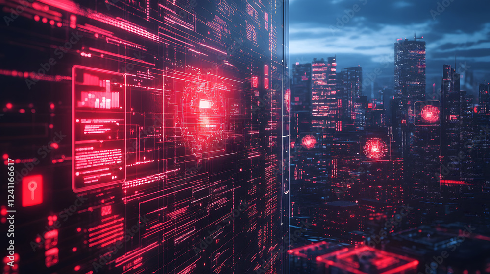 Poster a futuristic cityscape illuminated by red digital data overlays, showcasing technology and urban arc