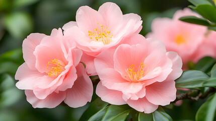 Fototapeta premium Pink camellia flowers bloom in garden, close-up view, green foliage background; ideal for nature, floral designs