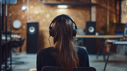 A woman programmer works from behind, headphones on, coding intently on her laptop. AI generative