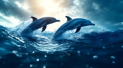 Fototapeta premium Dolphins jumping gracefully over ocean waves with sunlight shining through clouds, symbolizing freedom and beauty.