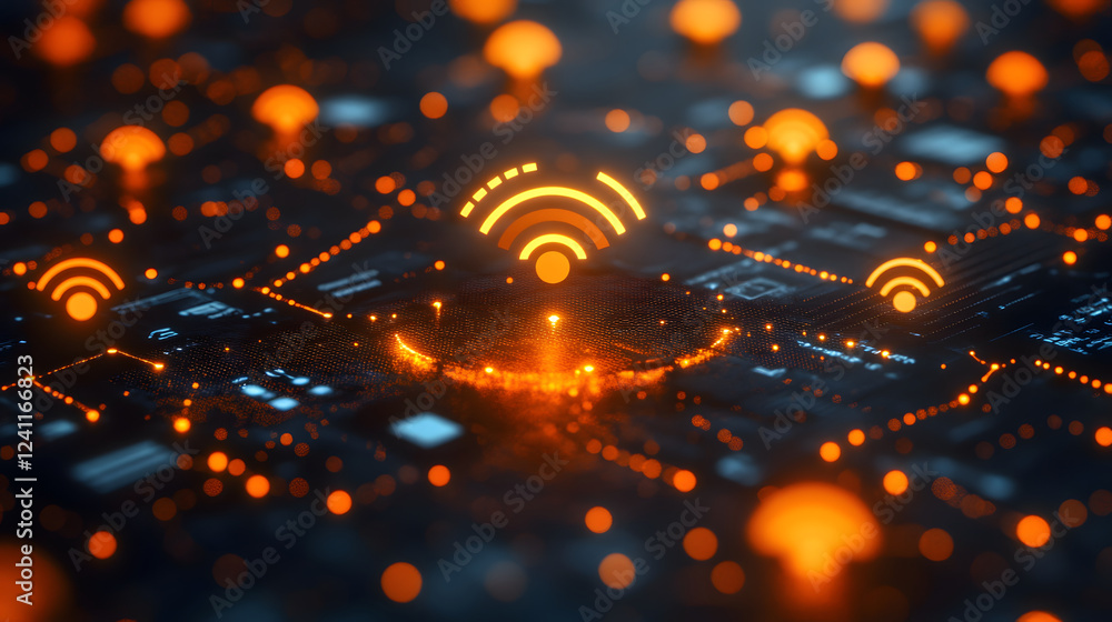Poster a vibrant, abstract representation of a digital network with glowing orange signals indicating conne