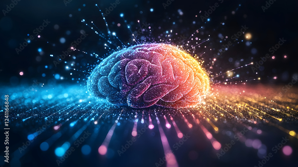 Poster a vibrant, digital representation of a brain, surrounded by colorful sparks and rays, symbolizing cr