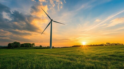 Obraz premium Beautiful Sunset Over Green Field with Wind Turbine and Clouds