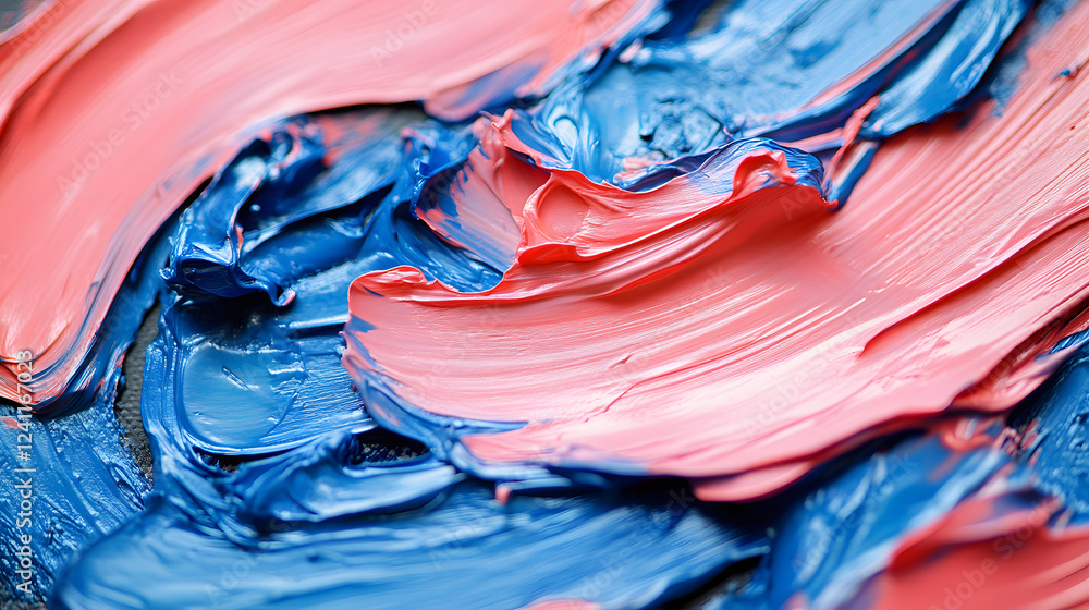 Poster a vibrant close-up of thickly applied red and blue paint, showcasing rich textures and dynamic swirl