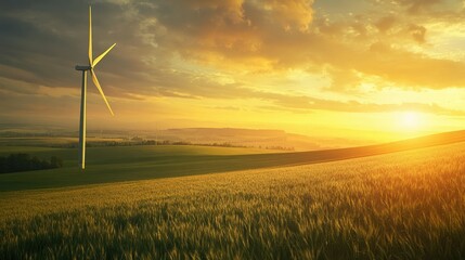 Obraz premium Beautiful Sunset Over Green Field with Wind Turbine in Distance