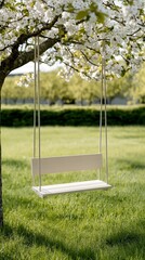 Elegant Wooden swing hanging from a blooming cherry tree surrounded by lush grass under a serene May sky with soft sunlight 