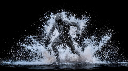 Powerful athlete running through water splash, dark background, action shot, sports imagery