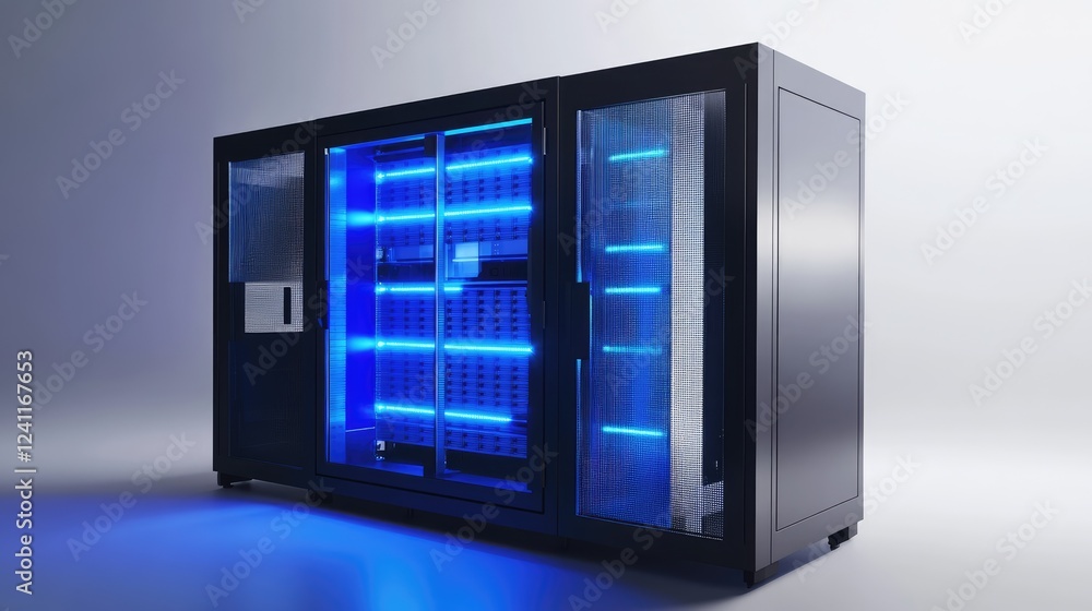 Fototapete standalone server rack with glowing blue led lights, showcasing advanced data storage, high-tech com