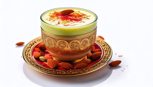 Traditional Holi thandai served in ornate glass, garnished with saffron and almonds, evokes festive spirit. This vibrant drink is perfect for celebrations