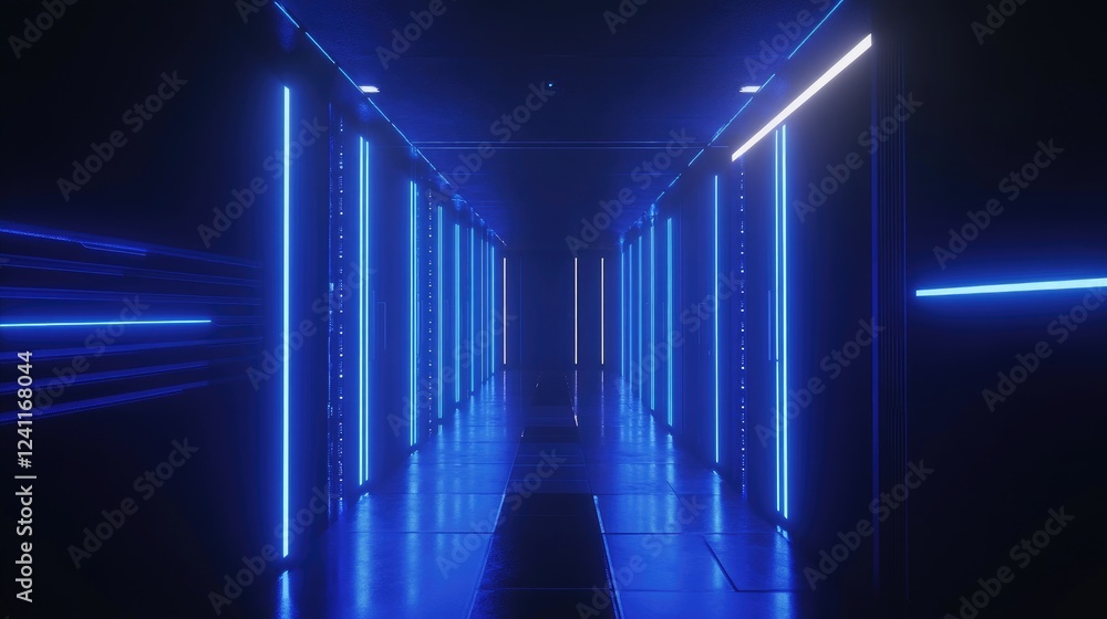 Fototapete futuristic server corridor illuminated by glowing blue led lights, featuring advanced racks and high