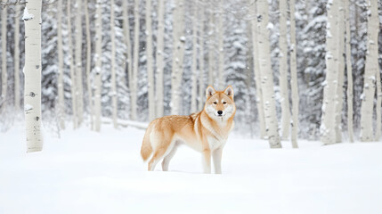 Red dog standing in snowy aspen forest; winter wonderland scene; pet, nature
