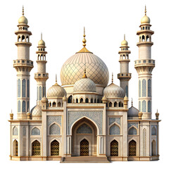 Fototapeta premium Majestic white mosque architectural design with golden domes and minarets on transparent background