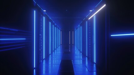 Fototapeta premium Futuristic server corridor illuminated by glowing blue LED lights, featuring advanced racks and high-tech infrastructure for seamless digital operations