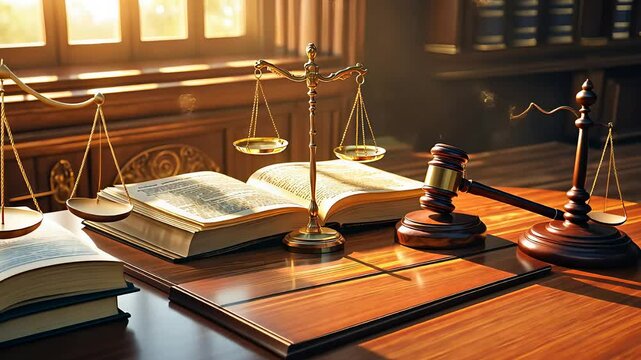 Wooden Judge Gavel, Open Law Book, and Golden Scales of Justice on a Sunlit Legal Desk in a Classic Courtroom

