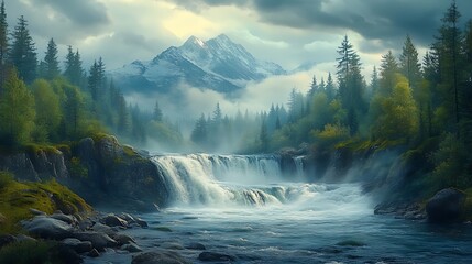 Fototapeta premium Majestic Mountain Waterfall, Mist-Shrouded Forest, Sunrise