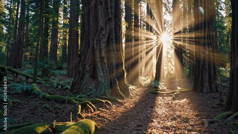 Poster Enhancing a forest's tranquility as sunlight filters through ancient trees in a serene woodland setting