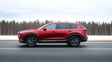 Fototapeta premium Red SUV driving on snowy road, winter forest background. Ideal for automotive advertising