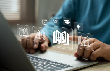 E-library and E-learning Concept, Person using laptop with virtual E-Book icons for online knowledge Base, Digital library, Access electronic books on Internet. Course education. Webinar technology.