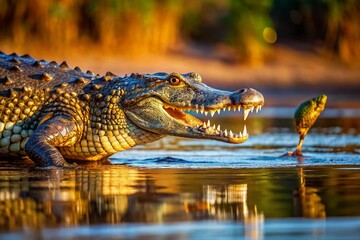 Fototapeta premium Nile Crocodile Hunting Fish in Zambia's South Luangwa National Park - Candid Wildlife Photography