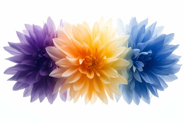 Obraz premium Vibrant Dahlia Trio, Purple, Yellow, Blue Blooms in Full Radiance, Exquisitely Arranged on White Background.