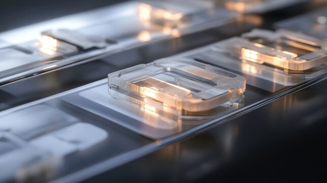 A closeup of a sectioned prototype of a wearable biosensor revealing layered components including a flexible substrate embedded electrodes and microscale biosensing elements lightly