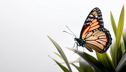 Fototapeta premium シンプルなホワイトの空間に、優雅に佇む春の蝶がそっと生命の息吹を伝えるデザイン 