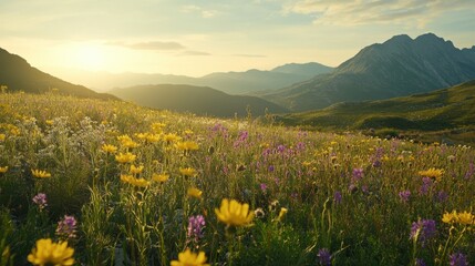 Golden Hour Over Wildflower Meadow and Majestic Mountain Range