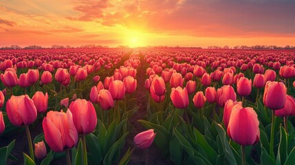 Vibrant Tulip Field Under Golden Sunset Sky with Beautiful Colors