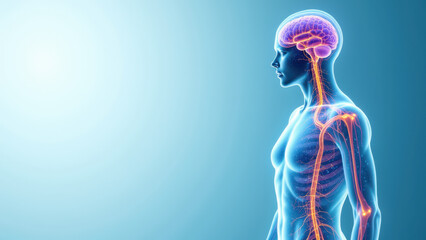 Illustration of human body with highlighted VNS, Vagus Nerve Stimulation.