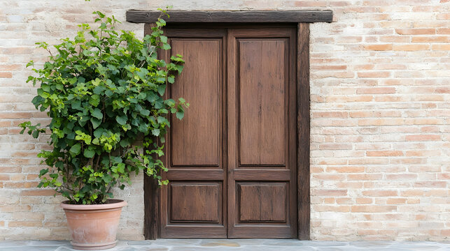 Rustic wooden door in old brick building, potted plant beside it; background is a tranquil, sunlit courtyard. Use home decor, travel blog
