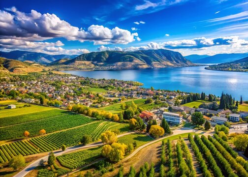 Okanagan Lake, Penticton & Naramata Bench Vineyards Aerial View - BC Canada