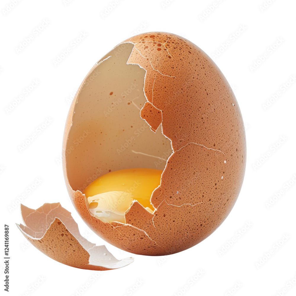 Poster cracked eggshell with visible yolk inside, symbolizing new beginnings and potential. smooth texture 