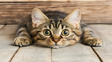 Obraz premium Adorable Tabby Kitten Resting on Wooden Floor, Paws Forward, Curious Gaze, Soft Fur