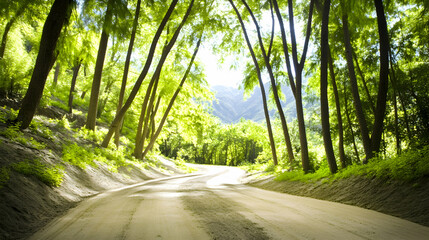 Obraz premium Scenic mountain road, sunlight through trees, summer landscape, travel destination