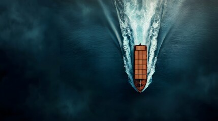 Bird s eye perspective of a large freight ship cutting through the ocean waves leaving a long white trail behind as it transports an assortment of goods and cargo across the vast sea