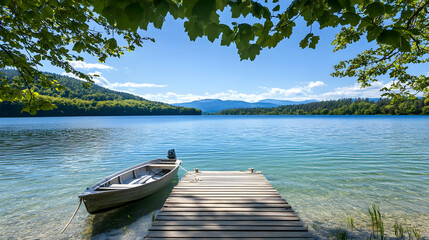 Obraz premium Serene lake view, small boat at wooden dock, mountains background, summer postcard
