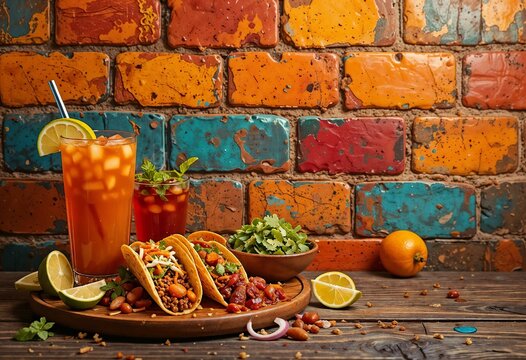 Delicious mexican tacos with fresh ingredients and drinks on colorful rustic brick background