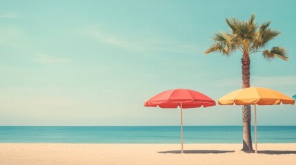 Colorful beach umbrellas and palm tree by tranquil ocean under clear blue sky