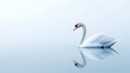 Fototapeta premium Serene swan swimming in misty lake; peaceful nature scene, ideal for tranquility themed projects