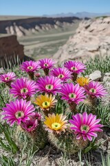 A vibrant cluster of pink and yellow blooming cacti flowers, showcasing their beauty against a rocky landscape with distant mountains in the background. The scene exudes tranquility.