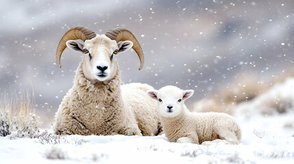 Sheep, lamb, snowy mountain, winter, wildlife