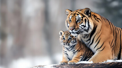Obraz premium Siberian tiger mother and cub in snowy winter forest, wildlife conservation