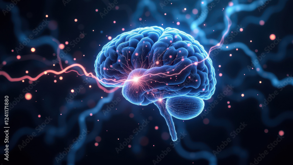 Poster a detailed illustration or 3d rendering of a human brain with visible neural activity, possibly repr