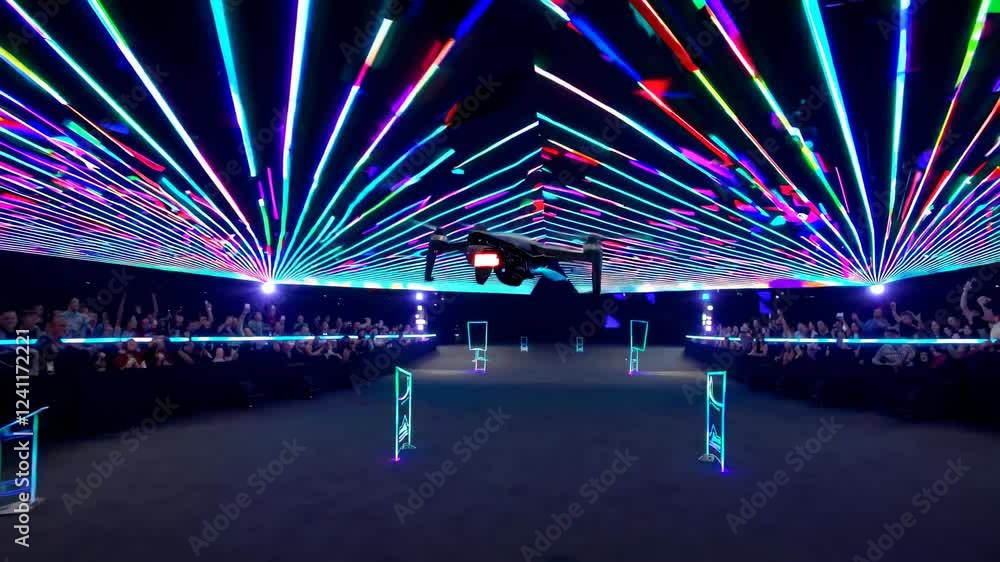 Poster exciting light show at tech event with dazzling laser displays and a futuristic drone performance